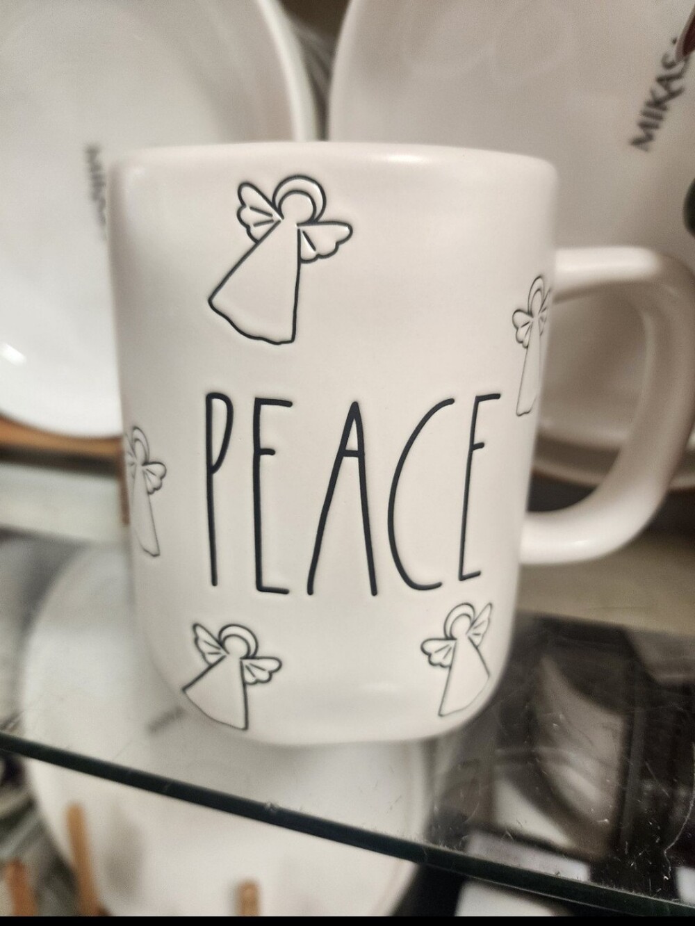 Rae Dunn PEACE White Ceramic Mug with Angel Motif